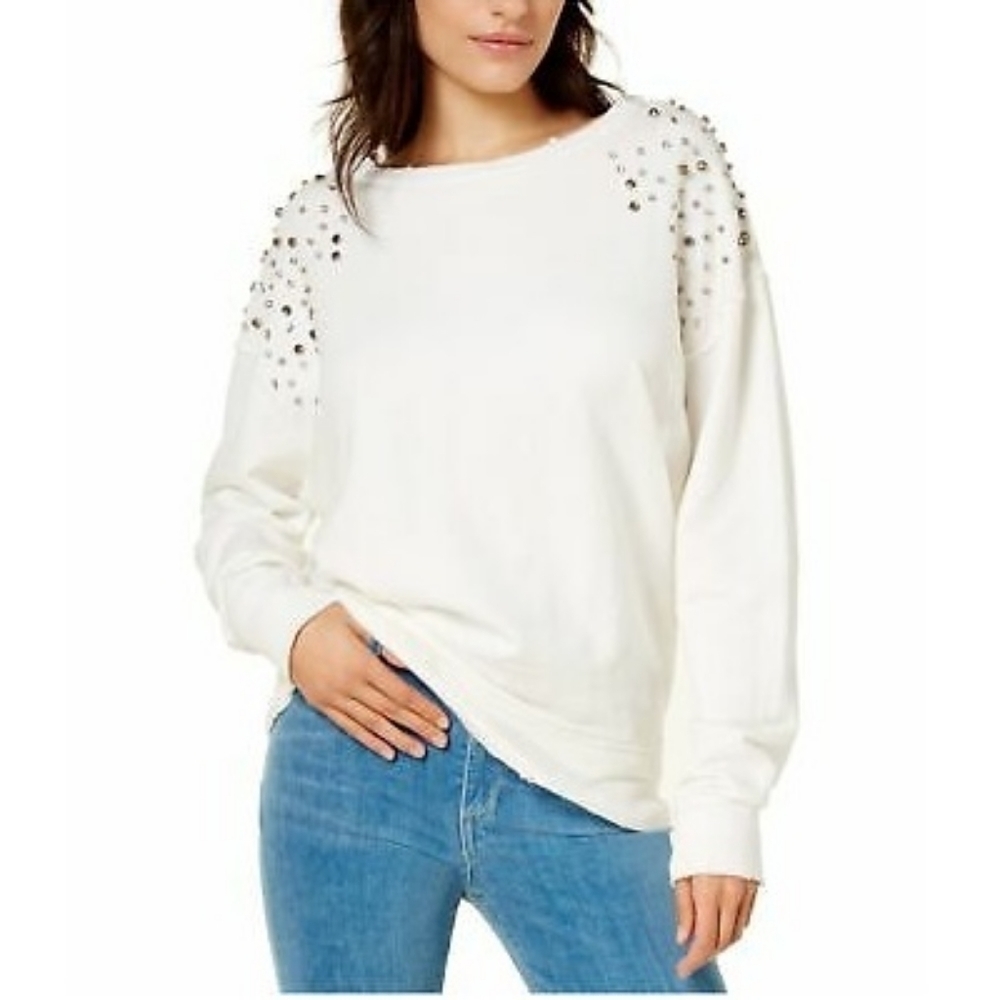 Joe's Crystal sweatshirt white rhinestone studded distressed